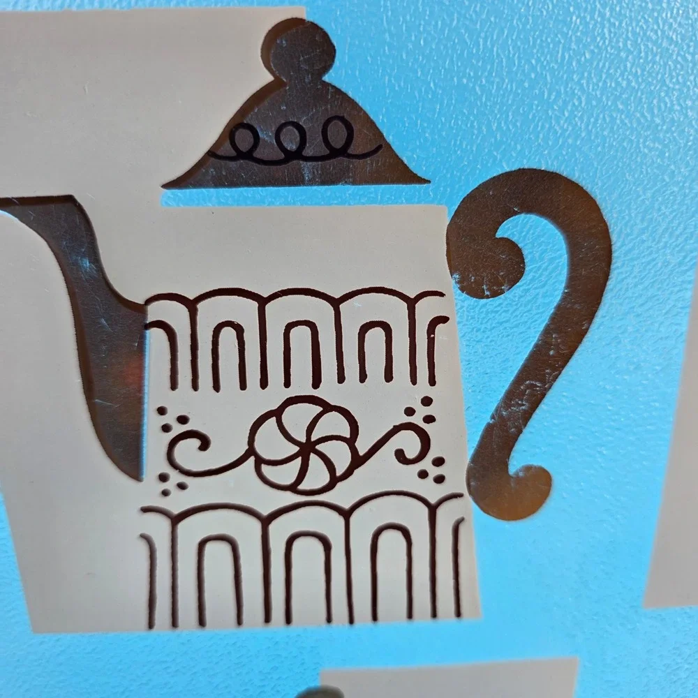 Vintage Mid Century Modern Glass Tray Teapot Coffee Carafe Gold Blue 10in Square